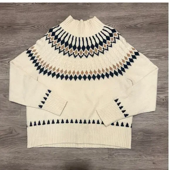 Artelier Nicole Miller Fair Isle Mock Neck Sweater Cream Black Nordic Large Soft - Picture 2 of 7